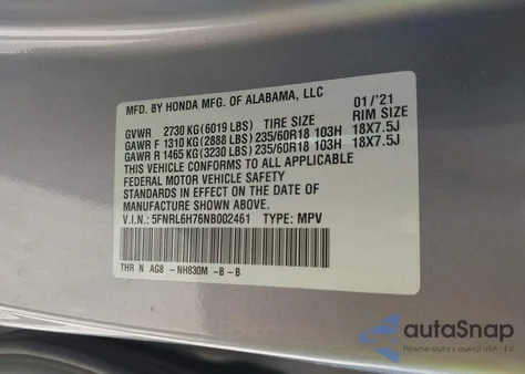 2022 Honda Odyssey Ex-L z USA, uszkodzony, nr VIN 5FNRL6H76NB002461